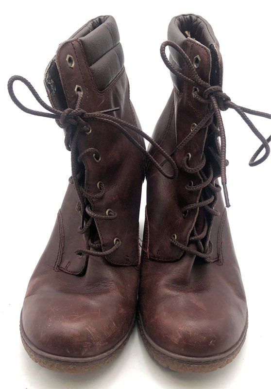 Timberland Tillston 6-Inch Dark Brown Leather Block Heel Boots Women's Size 8