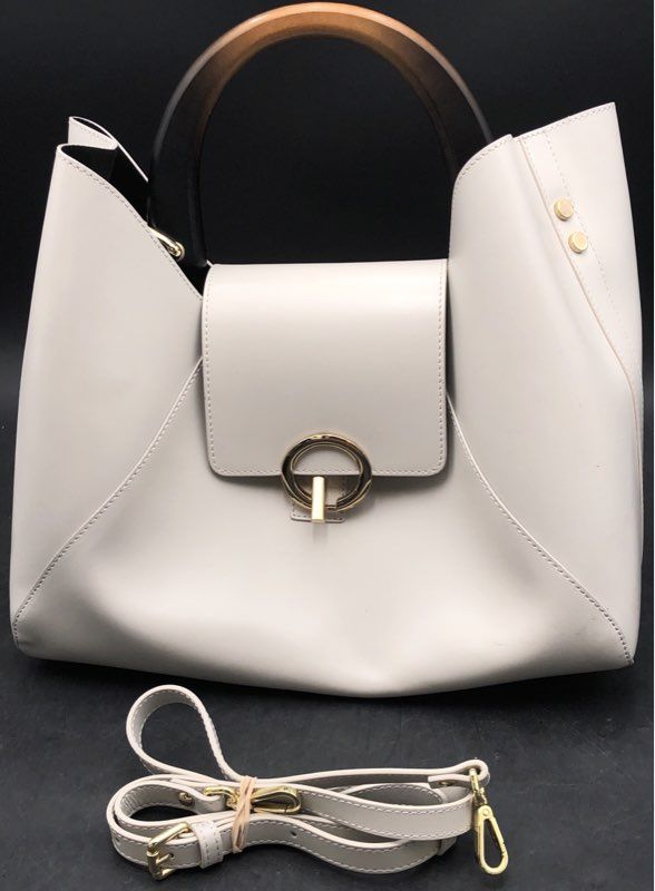 Claudia Firenze Off-White Italian Leather Top Handle Bag Wood Handle Crossbody