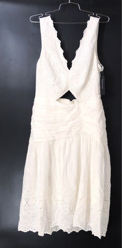 BCBGMAXAZRIA Women's Off White Eyelet Cutout V-Neck Midi Dress Sz 12 NWT