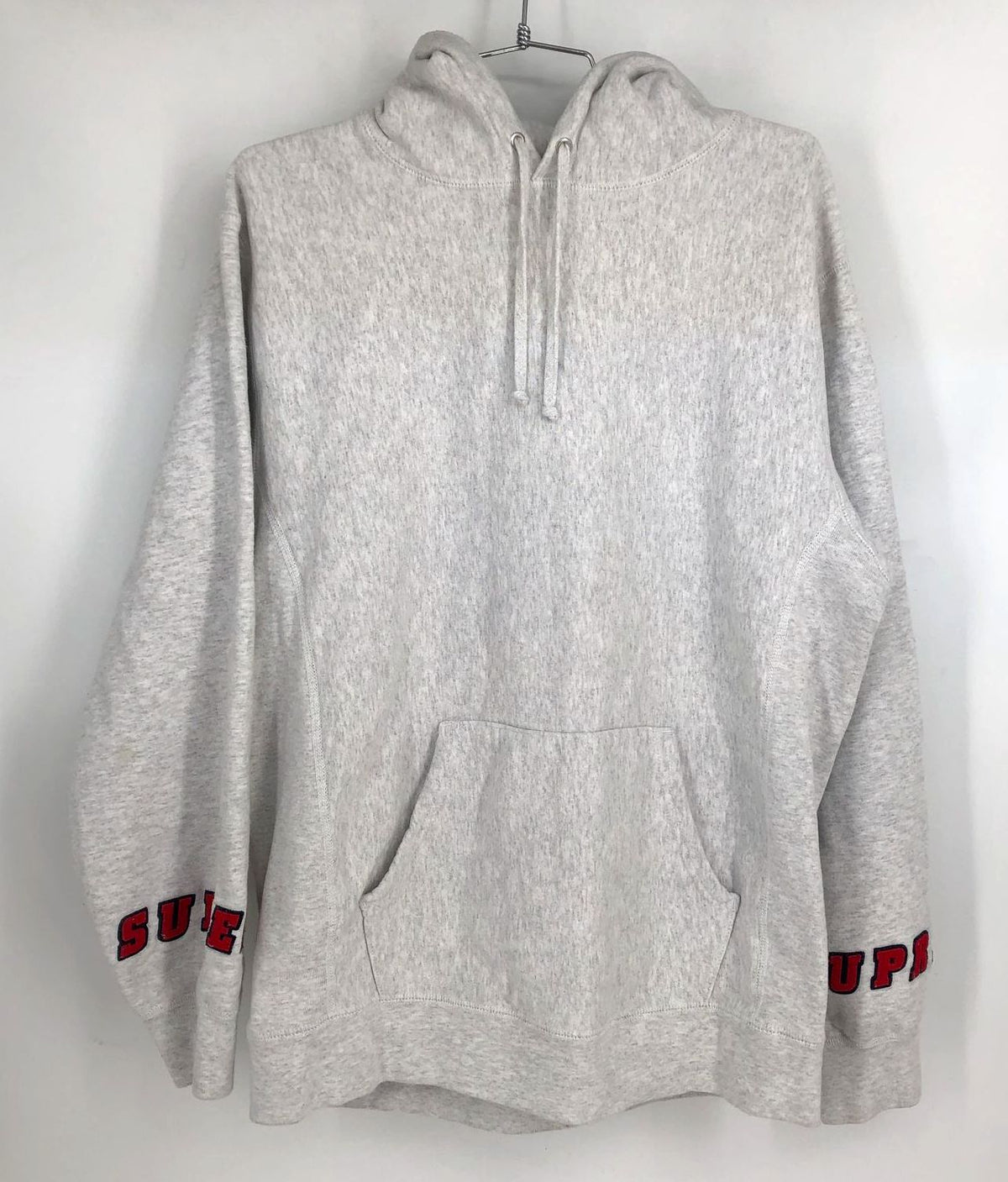 Supreme Light Heathered Grey Hoodie with Red/Blue Sleeve Logo Patches - Size L