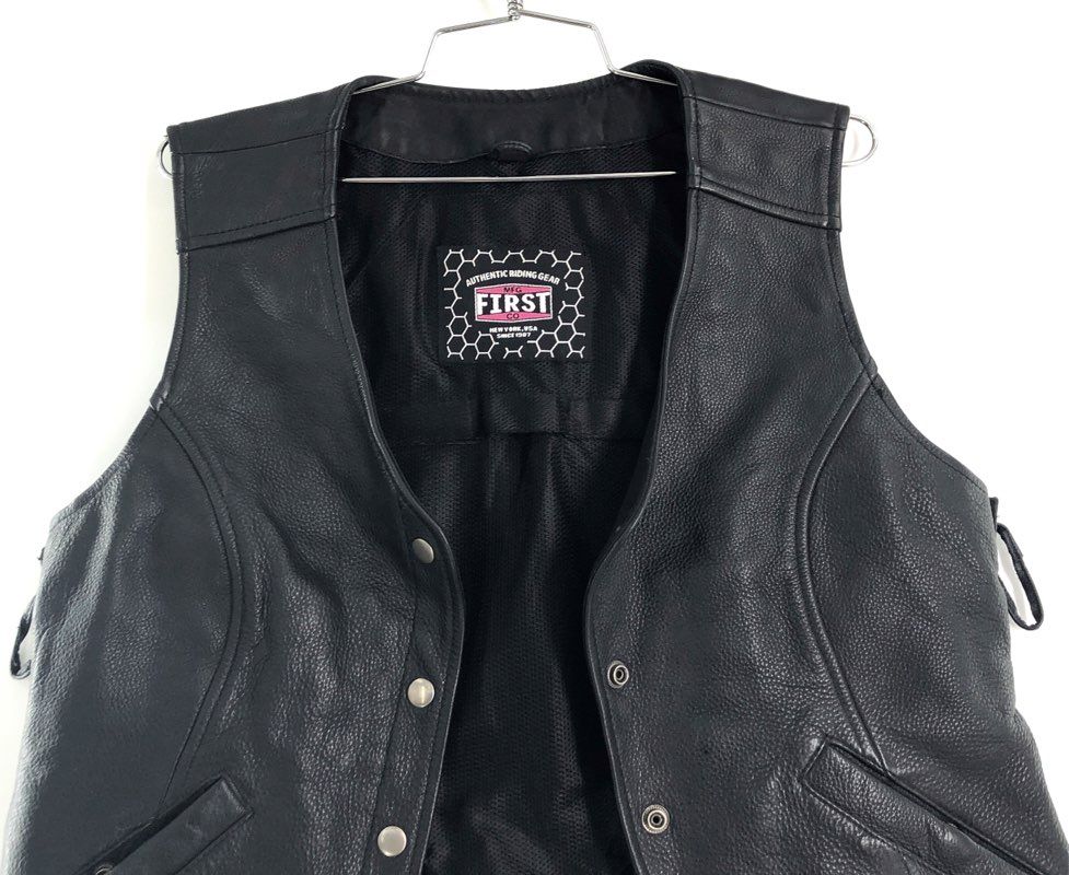 First Mfg Co Women's Black Leather Motorcycle Riding Vest Side Lace Snap Front