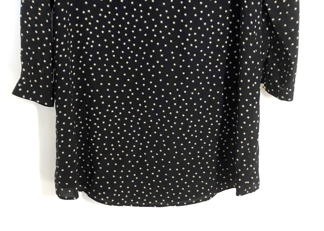 Madewell Women's Black Silk Star Print Long Sleeve V-Neck Mini Dress Size S