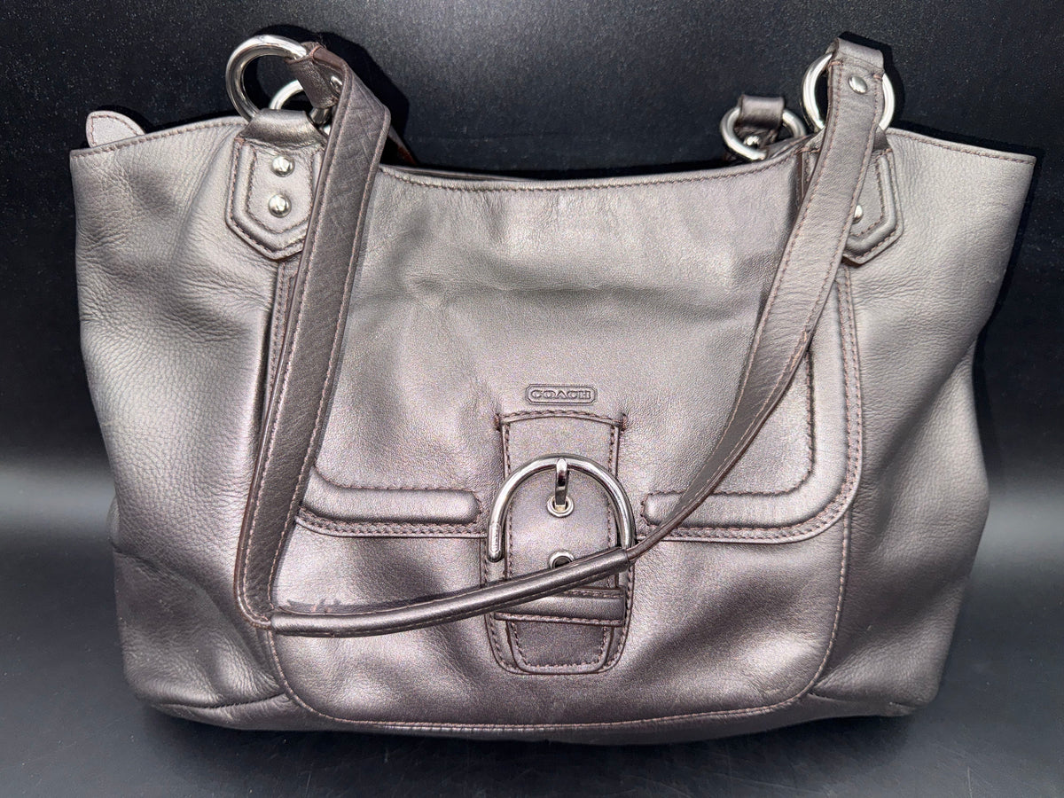 Coach Metallic Leather Park Metro Shoulder Bag Pewter Silver F24361 COA