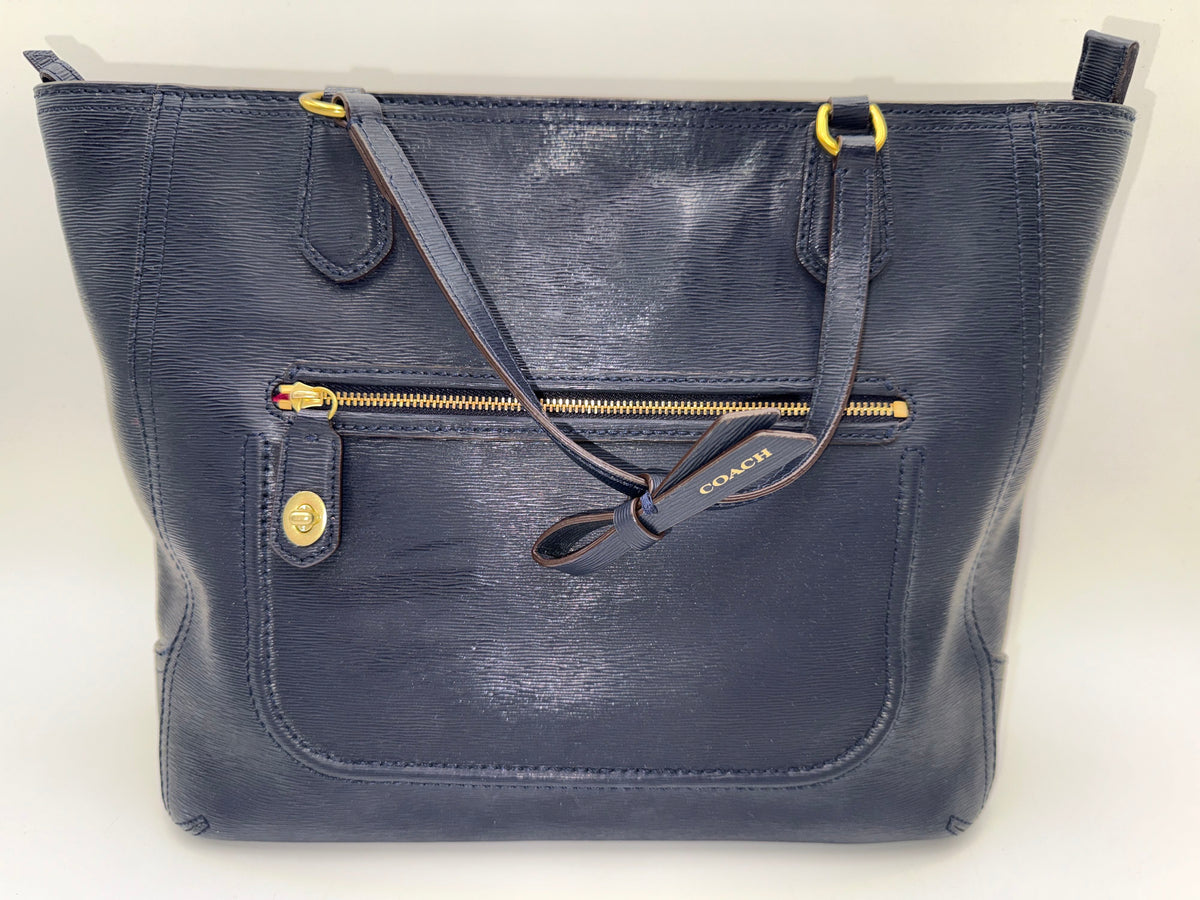 Coach Blue Textured Leather Poppy Tote Bag Gold Hardware COA