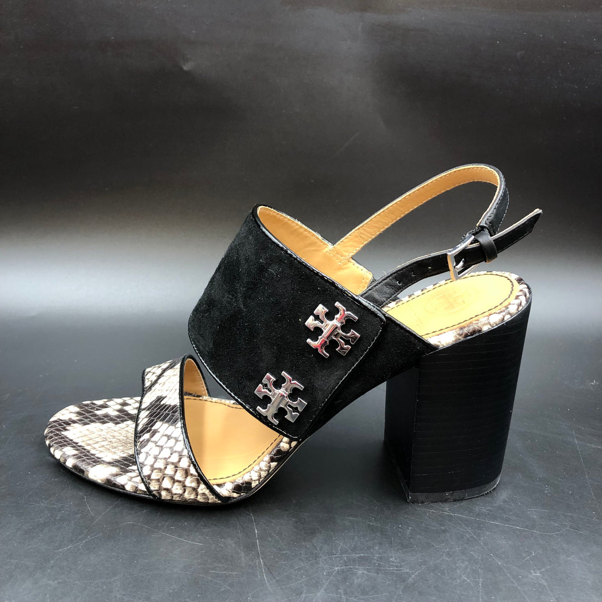Tory Burch Black Suede Snakeskin Block Heel Sandals Size 7 COA