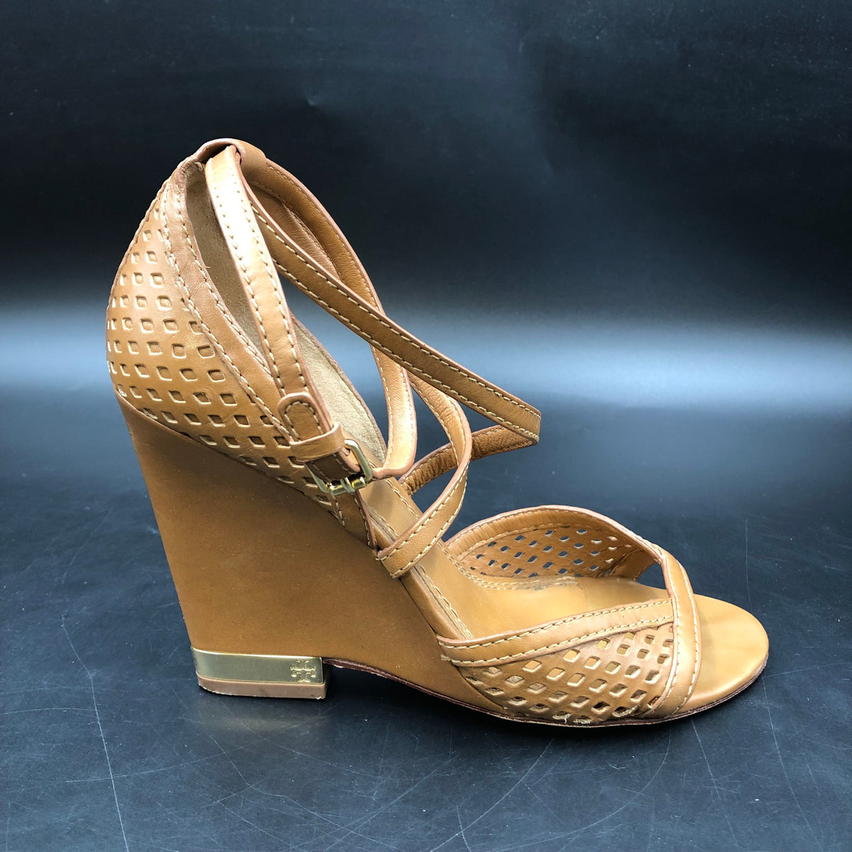 Tory Burch Gigi Light Brown Leather Peep Toe Wedge Sandals Size 7 COA