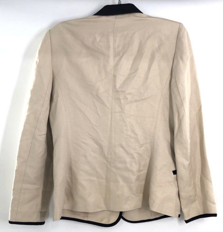 MNG Mango Women's Beige Linen Blend Herringbone Blazer Jacket Black Piping Sz 8