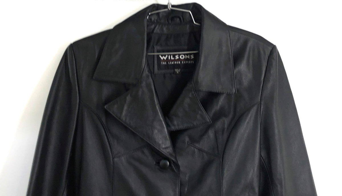 Wilsons Women's Black Leather Belted Trench Coat Jacket Vintage 90s Sz M