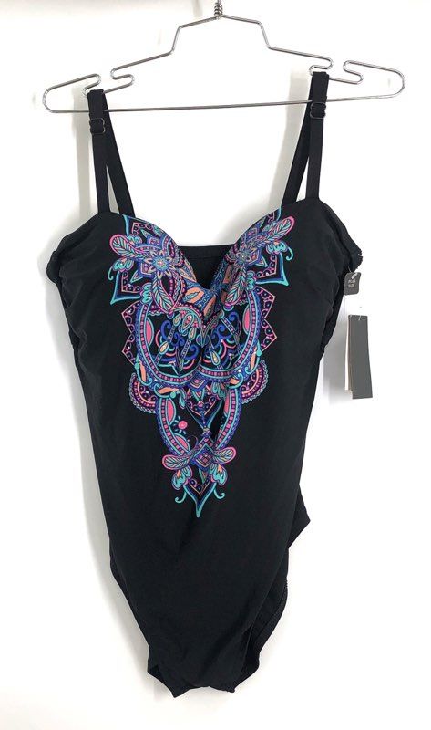 Kenneth Cole Reaction Women's Black Mandala Tummy Control Swimsuit 1X NWT