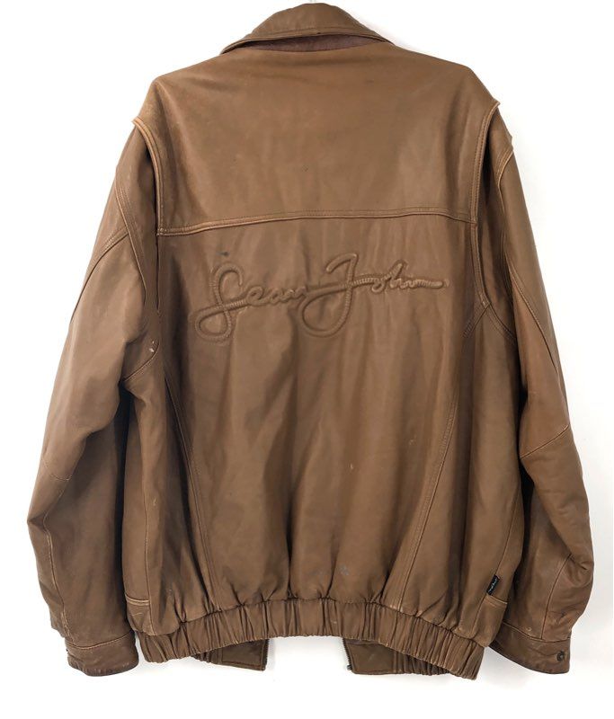 Sean John Men's Vintage Y2K Brown Leather Bomber Jacket Quilted Lined Sz XL