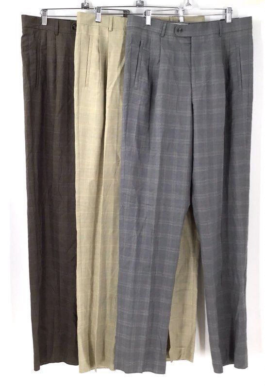 NWT Bachrach Men's Brown Gray Tan Plaid Wool Dress Pants - Size 34W Lot Of 3