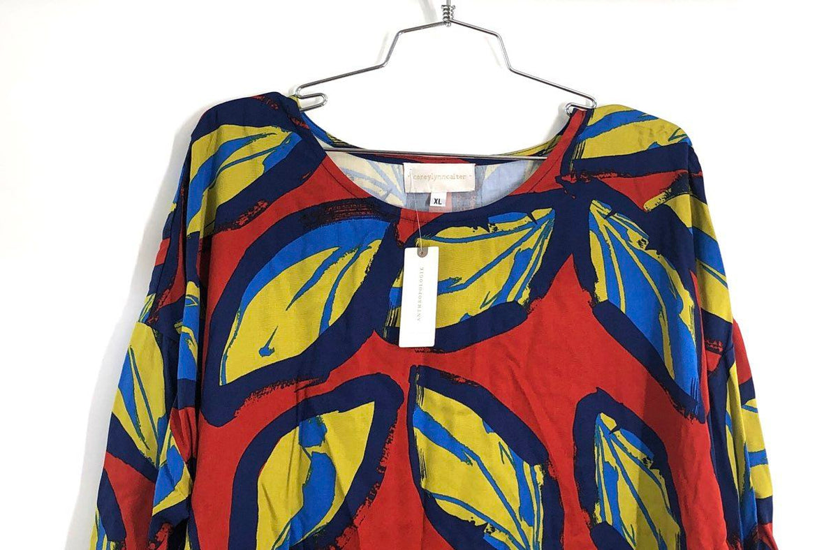 Corey Lynn Calter Women's Leaf Print Blouse Red Multicolor Anthropologie NWT XL