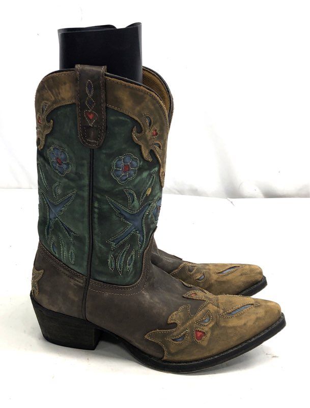 Dan Post Liberty Bird Brown Green Distressed Western Cowboy Boots Youth Size 5.5