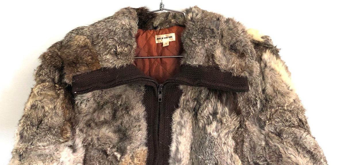 Vintage 80s Women's Rabbit Fur Bomber Jacket Brown Gray Knit Trim Sz L