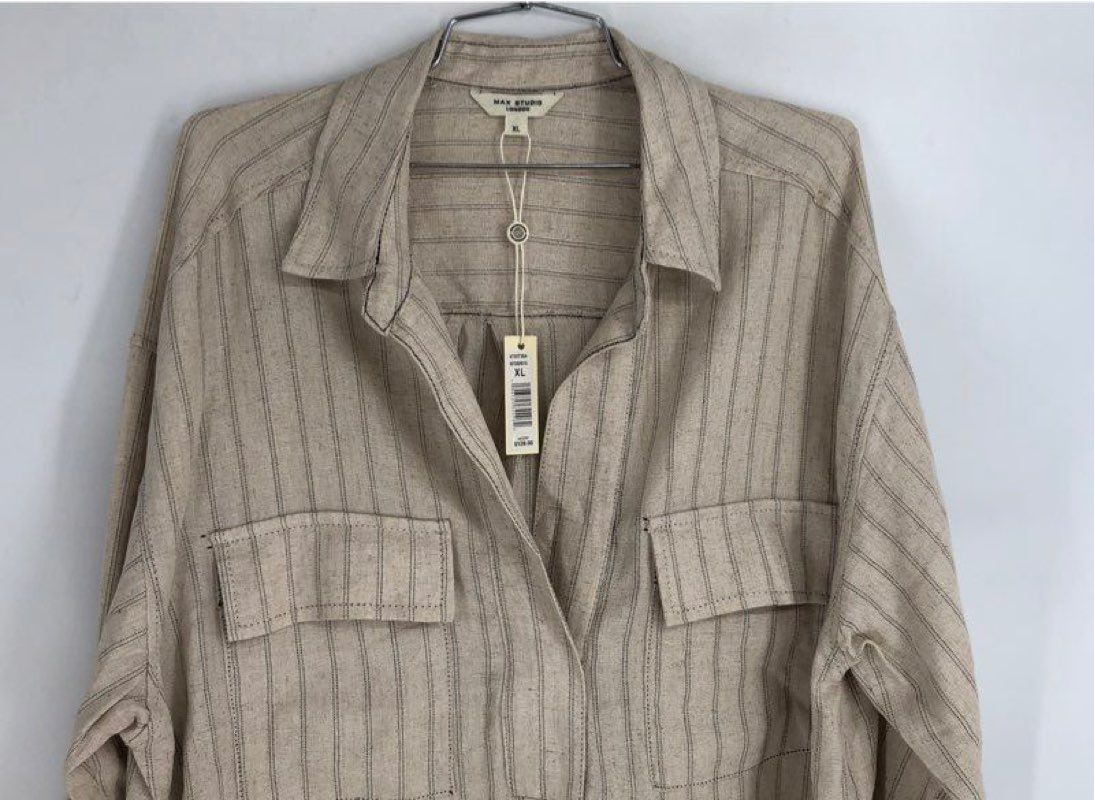 Max Studio Women's NWT Beige Striped Popover Tunic Roll Tab Sleeve Sz XL