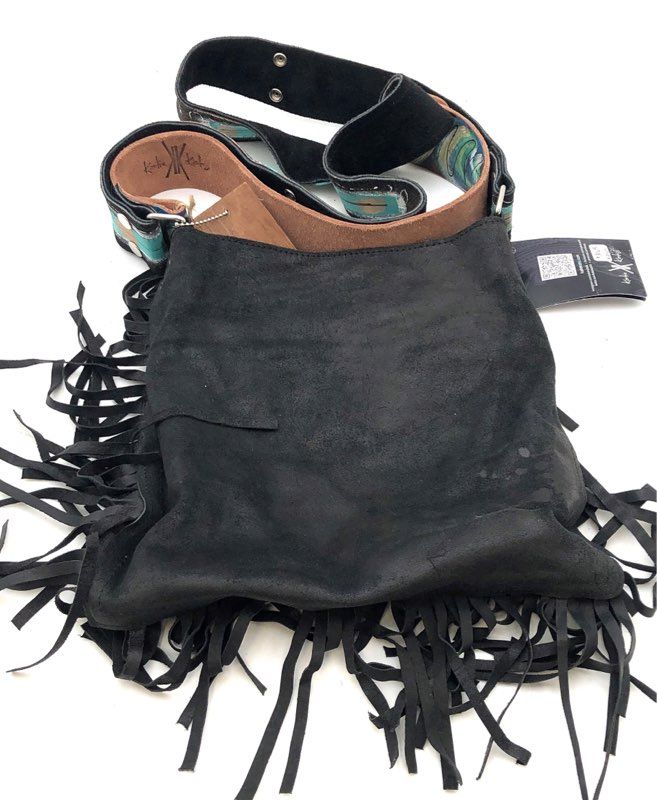 Katie Kalsi Black Suede Boho Fringe Crossbody Bag Painted Artisan Strap NWT