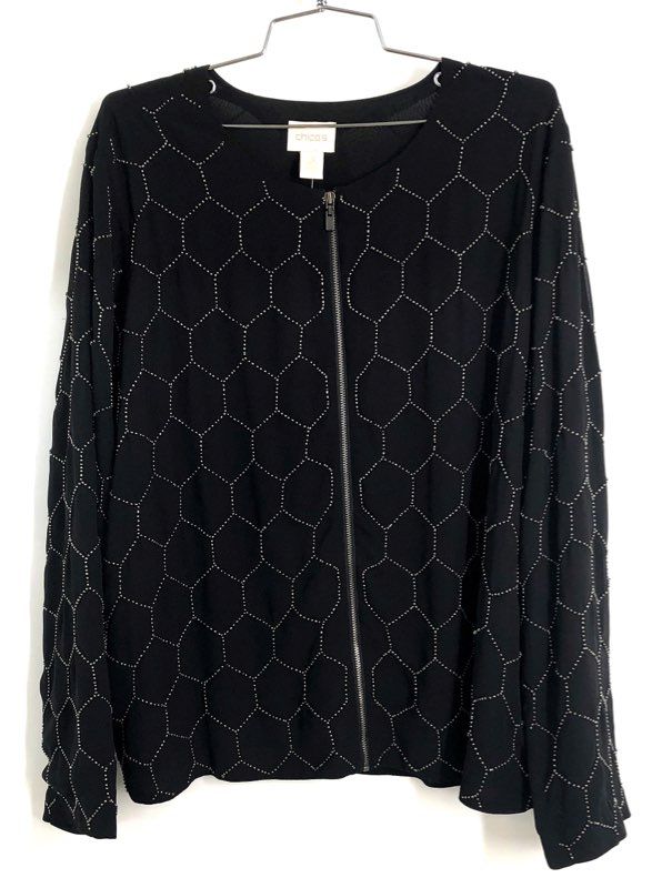 Chico's Women's Beaded Bomber Jacket Black Honeycomb Zip Front Sz 3 NWT
