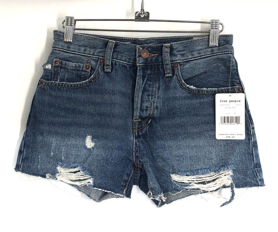 Free People Women's Byron Bay Distressed Denim Shorts Blue Cut-off Sz 24 NWT