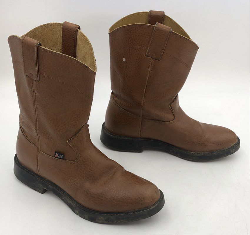 Justin 4760 Tan Brown Leather Wellington Pull On Work Boots Men's Size 8.5D