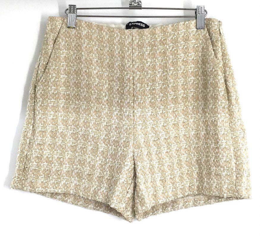 Express Women's Gold Metallic Boucle Tweed Dressy High Rise Shorts Sz 6