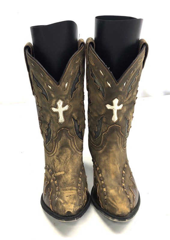 Dan Post DPC-3121 Distressed Brown Cross Inlay Youth Western Boots 4.5