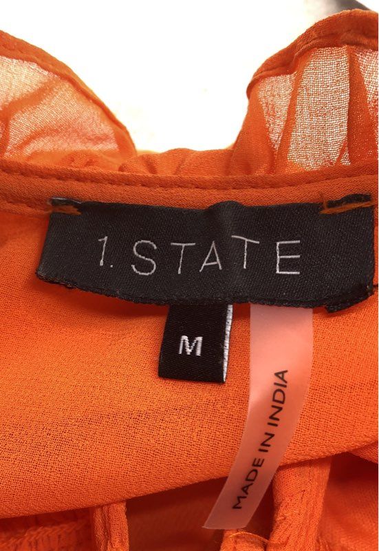 1.STATE Women's Orange Smocked Ruffle Mock Neck Long Sleeve Blouse Size M