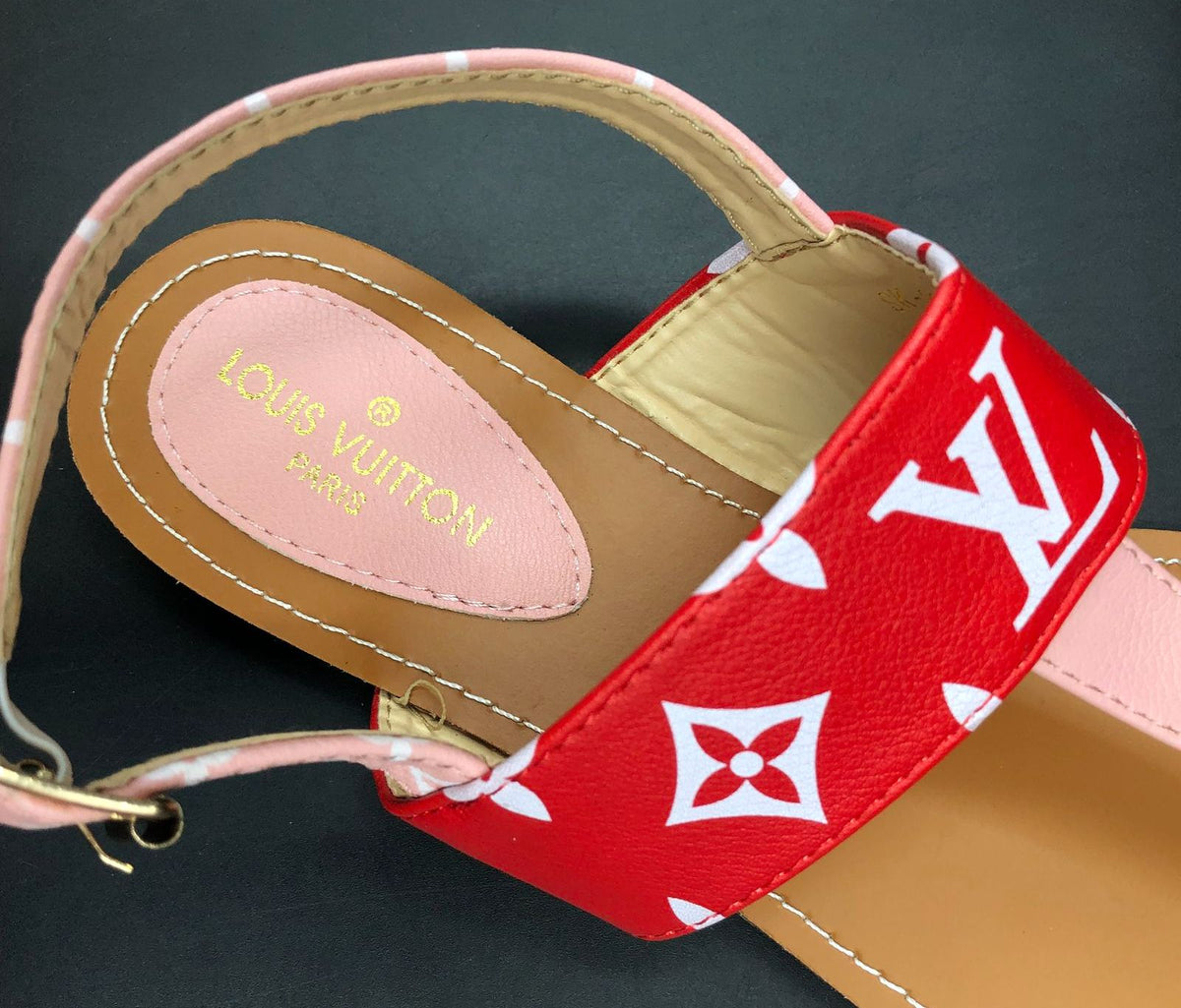 Louis Vuitton Inspired Women's Brown/Red/Pink Monogram Print Sandals - Size 38