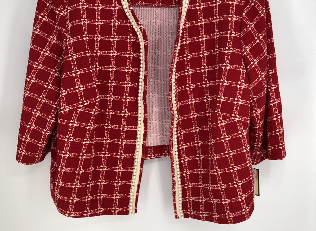 NWT Maya Brooke Crimson Red Grid Plaid Pearl Trim Blazer Jacket Sze 22W