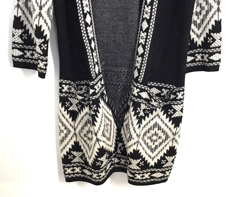 Vertigo Paris Women's Black White Geometric Open Front Longline Cardigan Sz S