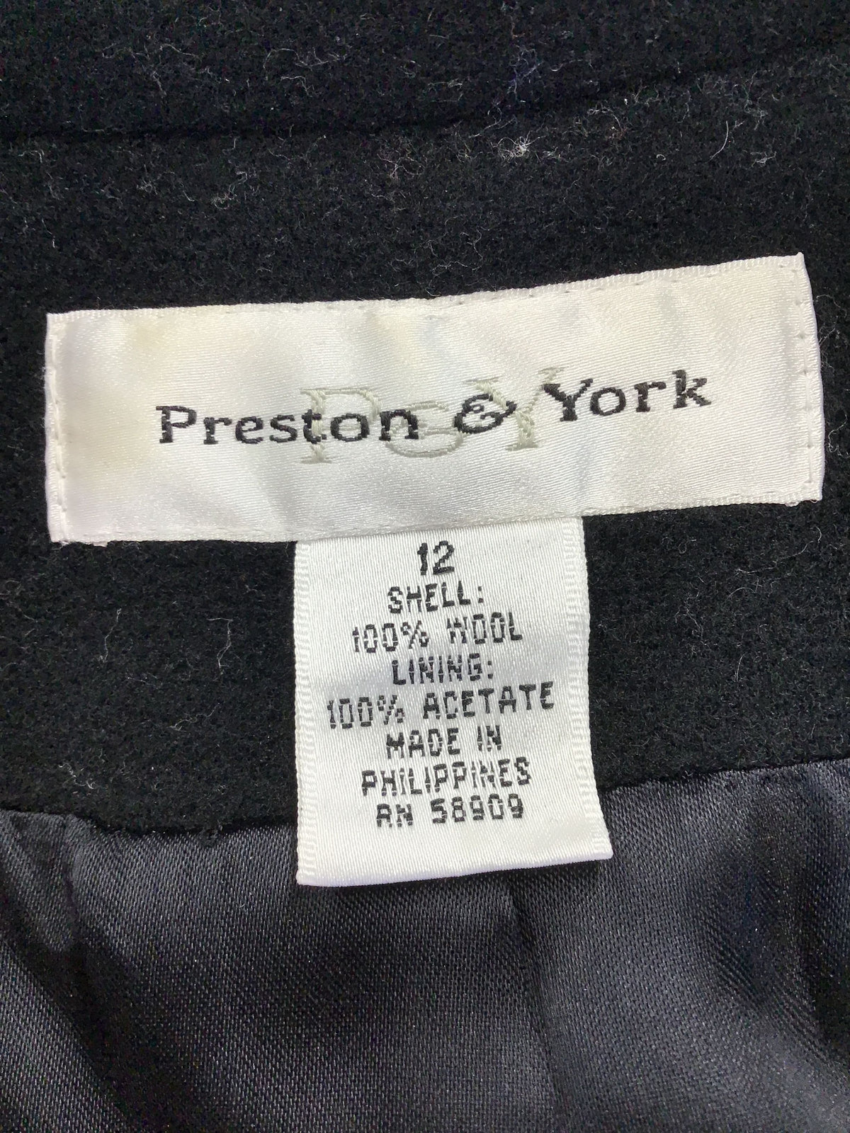 Preston &amp; York Women&#39;s Black Wool Notch Lapel Double-Breasted Peacoat - Size 12