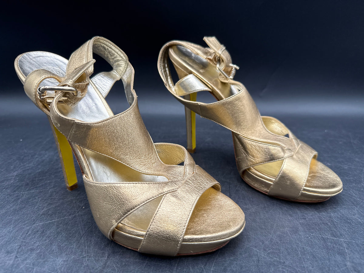 Versace Gold Leather Strappy Platform High Heel Sandals COA Size 38