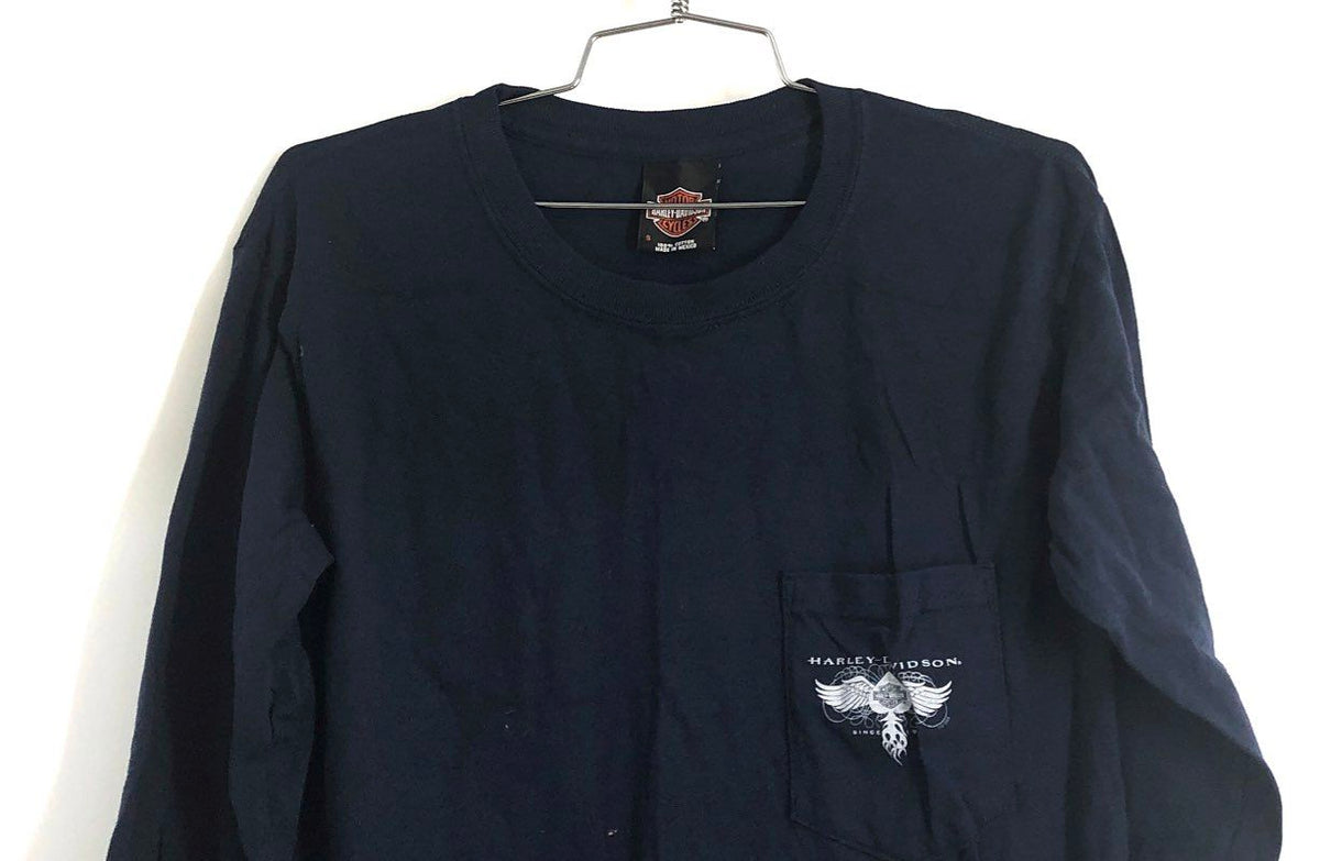 Harley-Davidson Jamaica Motorcycle Long Sleeve Pocket T-Shirt Navy Blue Sz S