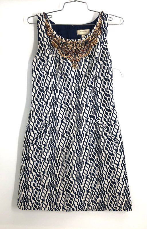 Moulinette Soeurs Women's Navy White Geometric Beaded Neckline Dress Sz 2