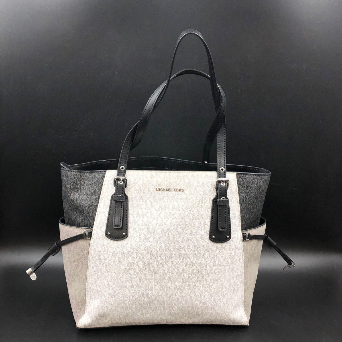 Michael Kors Gilly Multicolor Signature Canvas Drawstring Tote Bag Silver COA
