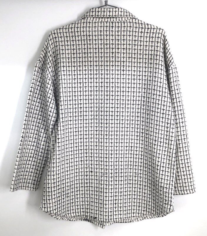 P PLM Women's White Black Tweed Grid Pearl Buttons Fringed Shacket Jacket Sz XS