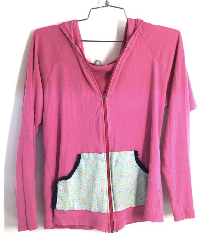 Matilda Jane Women's Pink Full Zip Hoodie Cherry Pattern Ruffle Pocket Sz M/L