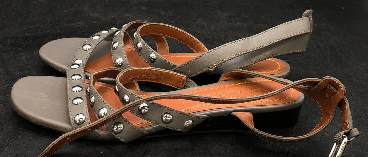 Coach Jaci FG3451 Grey Leather Studded Ankle Strap Sandals Size 7.5
