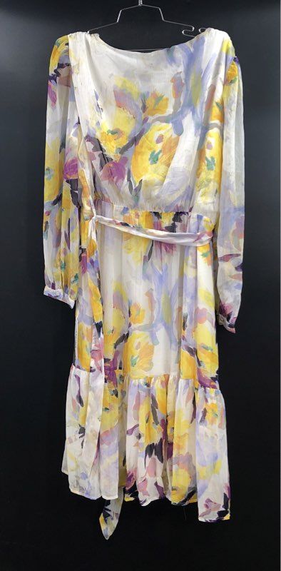 DKNY Women's Multicolor Floral Long Sleeve Belted Tiered Midi Dress NWT Sz 16