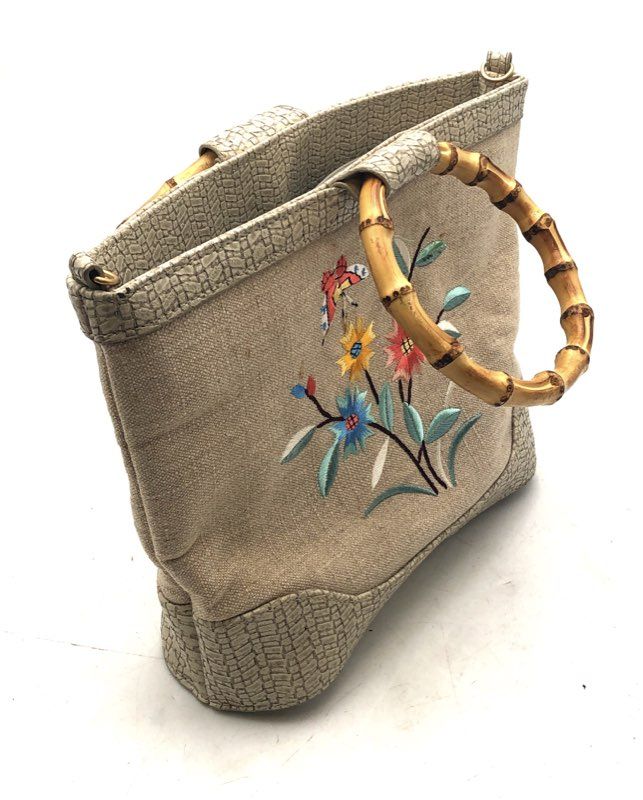 Bueno Beige Floral Embroidered Butterfly Bamboo Handle Handbag
