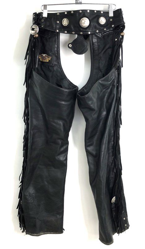 Vintage 90s Harley-Davidson Fringe Concho Studded Leather Motorcycle Chaps Sz S