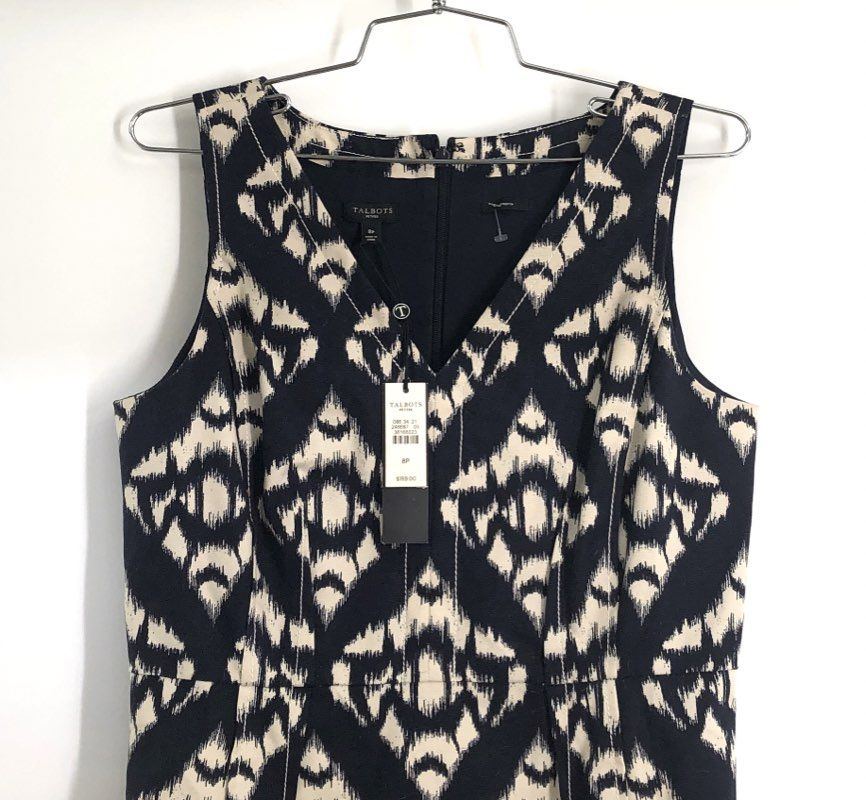 Talbots Petites Women's Navy Cream Geometric Ikat V-Neck Sheath Dress NWT 8P