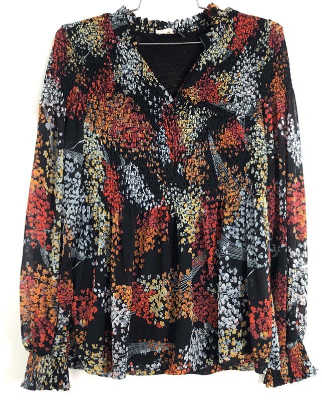 Akemi + Kin Women's Black Floral Smocked Long Sleeve V-Neck Peplum Blouse Sz XS