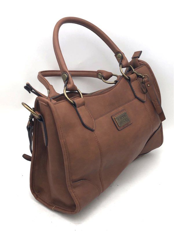 Frye and Co Brown Pebbled Satchel Handbag Crossbody Bag Antique Brass Hardware