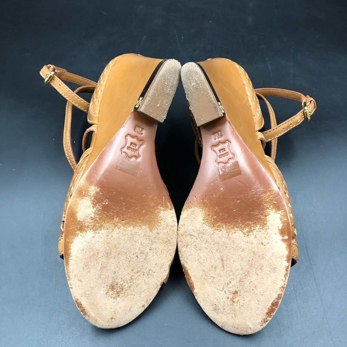 Tory Burch Gigi Light Brown Leather Peep Toe Wedge Sandals Size 7 COA
