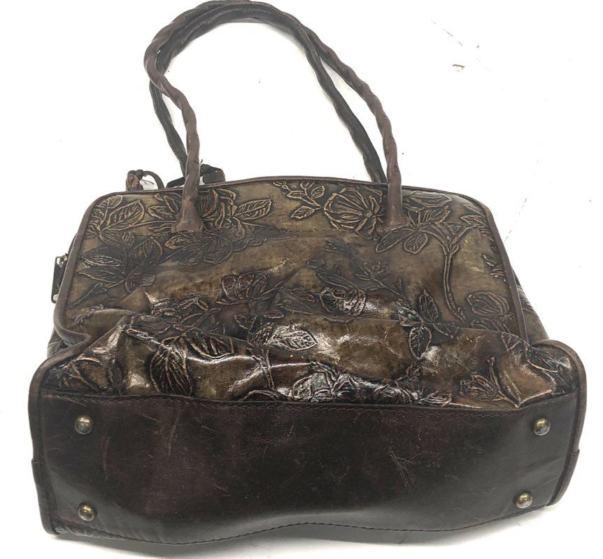 Patricia Nash Brown Tooled Rose Leather Satchel Handbag Medium Tassel