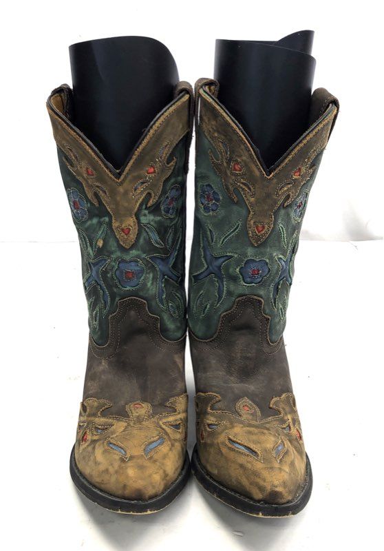 Dan Post Liberty Bird Brown Green Distressed Western Cowboy Boots Youth Size 5.5
