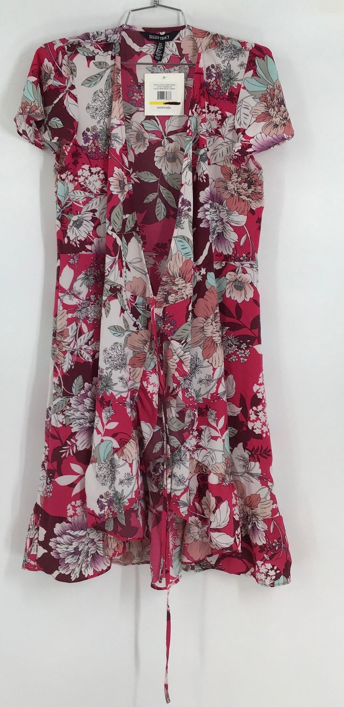 NWT Ellen Tracy Women&#39;s Cherry Ruffle Cap Sleeve Wrap Dress - Size M