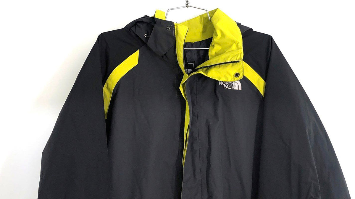 The North Face Men's HyVent Hooded Rain Shell Jacket Black Gray Neon Yellow L
