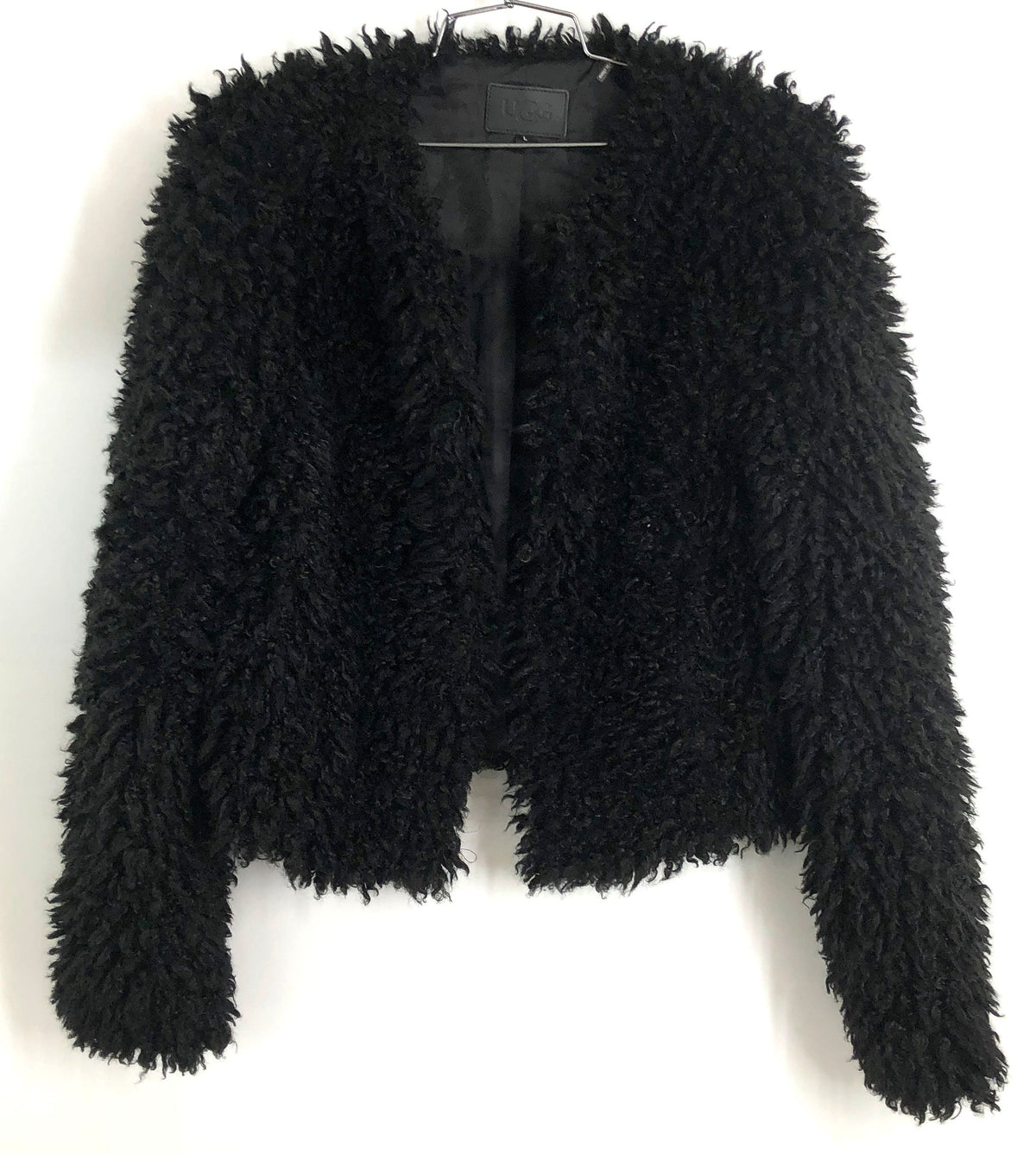 UGG Women's Black Kianna Faux Fur Shaggy Open Front Cropped Jacket Sz L