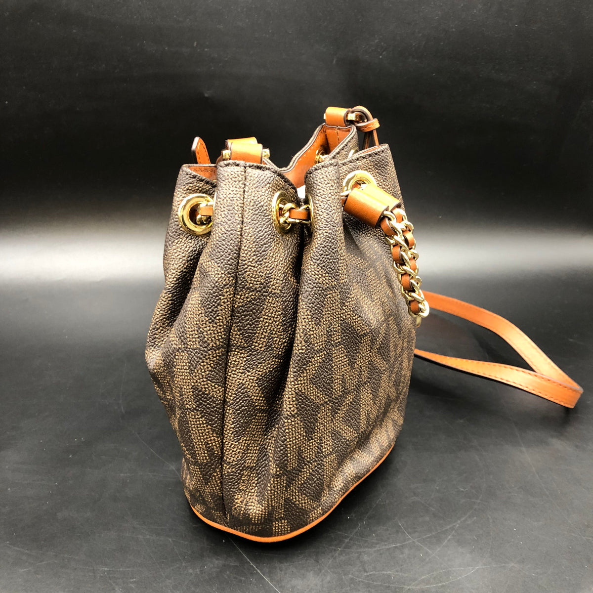 Michael Kors Brown Signature Print 'Frankie' Bucket Bag (+COA)